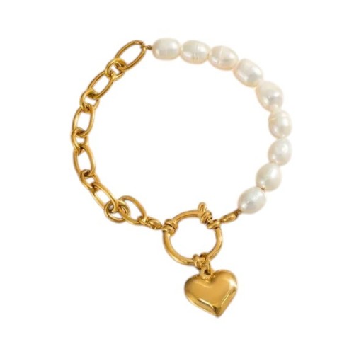 PULSERA PERLAS NATURALES ACERO Y ORO CON CORAZÓN PARA GRABAR