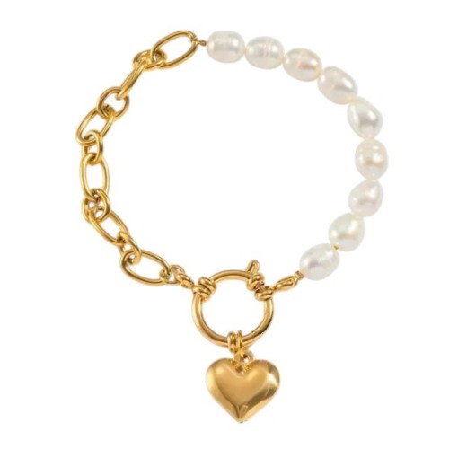 PULSERA PERLAS NATURALES ACERO Y ORO CON CORAZÓN PARA GRABAR