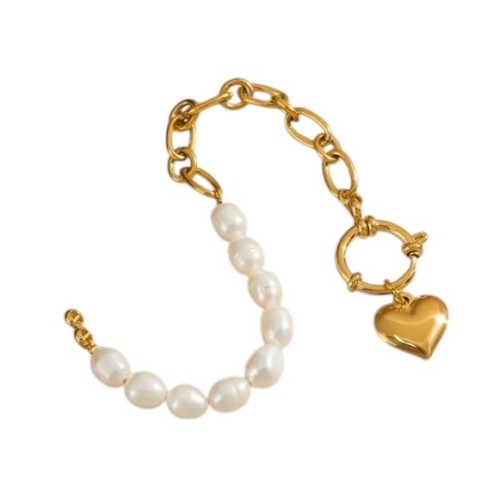 PULSERA PERLAS NATURALES ACERO Y ORO CON CORAZÓN PARA GRABAR