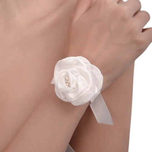 PULSERA CINTA DE RASO BLANCO CON FLOR Y PERLAS PARA NOVIA