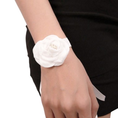 PULSERA CINTA DE RASO BLANCO CON FLOR Y PERLAS PARA NOVIA