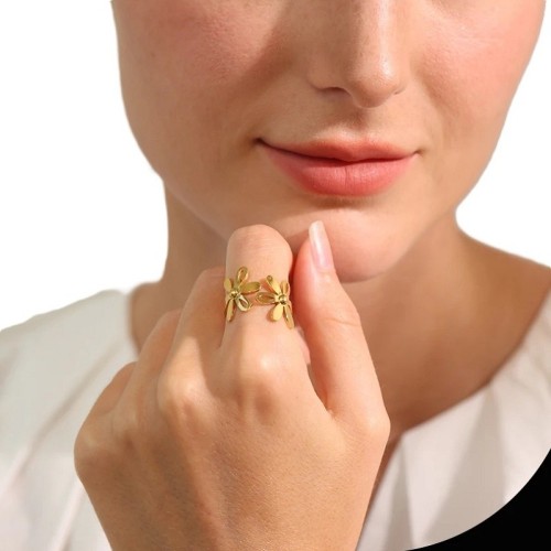 ANILLO DOBLE FLOR AJUSTABLE ACERO Y ORO WATERPROOF