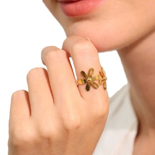 ANILLO DOBLE FLOR AJUSTABLE ACERO Y ORO WATERPROOF